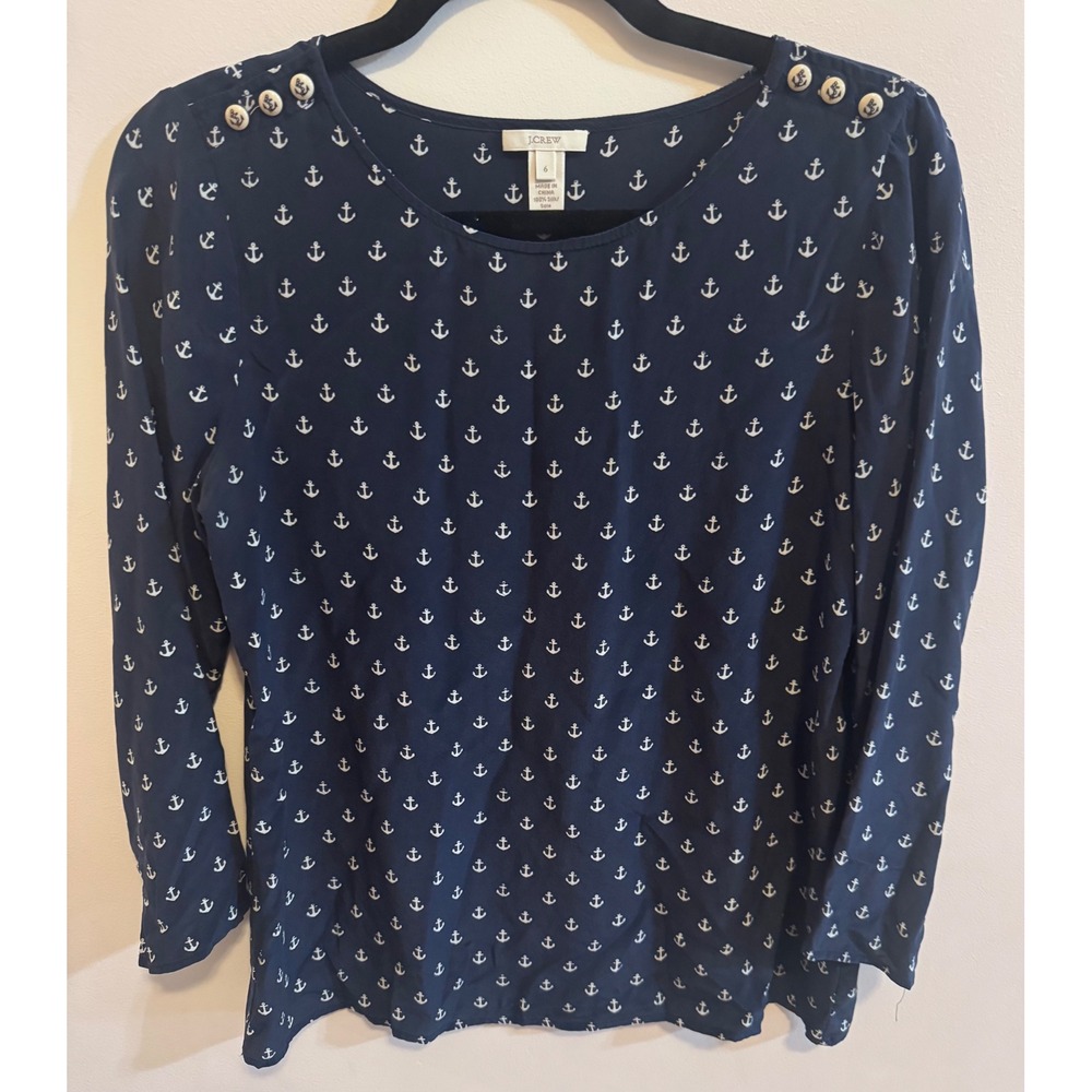 J.Crew Navy Blue 100% Silk Anchor Print Shoulder Button Blouse Size 6